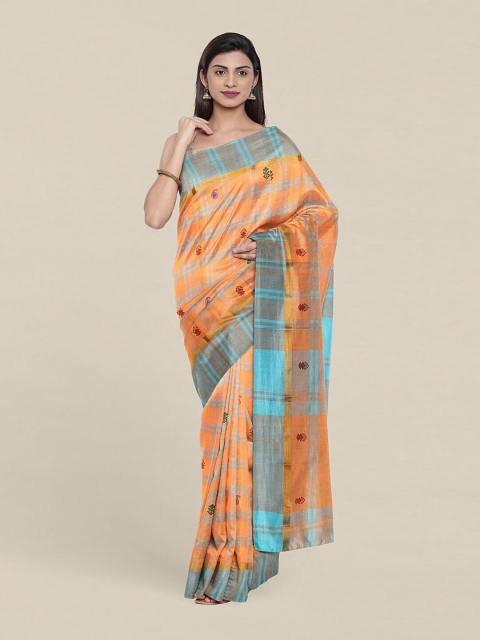 

Pothys Peach-Coloured & Blue Checked Pure Cotton Saree