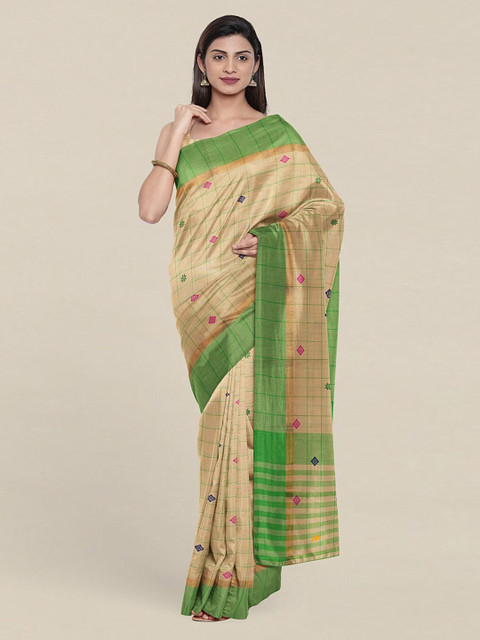 

Pothys Cream-Coloured & Green Zari Pure Cotton Saree