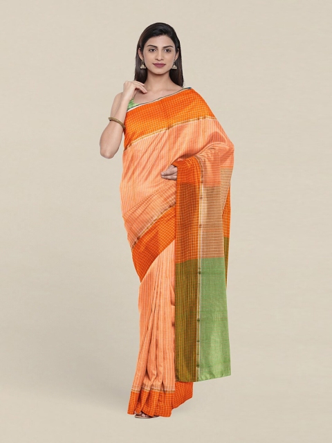 

Pothys Peach-Coloured & Green Checked Pure Cotton Saree