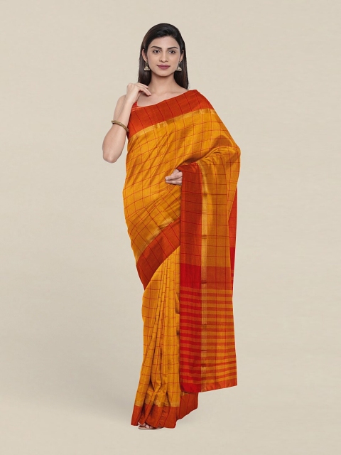 

Pothys Mustard & Orange Printed Checked Zari Pure Cotton Saree