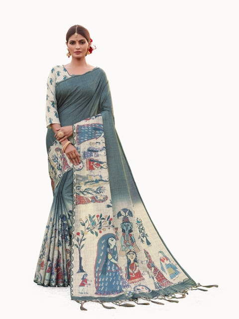 

MotiHamir Grey & Red Kalamkari Linen Saree
