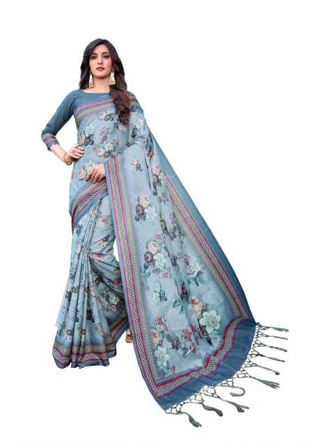 

MotiHamir Blue & Violet Floral Linen Saree