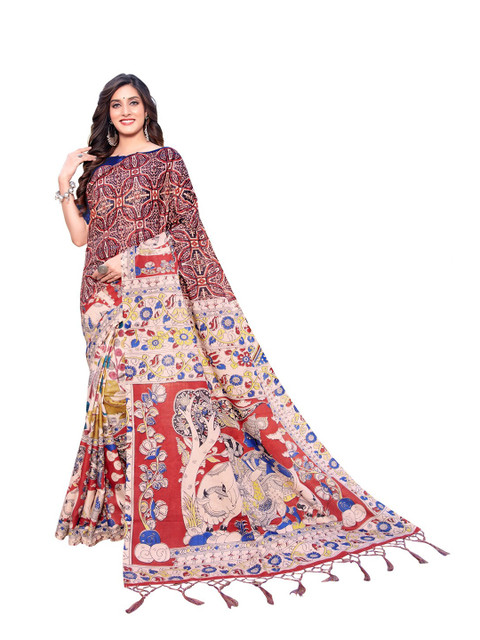 

MotiHamir Maroon & Red Kalamkari Linen Saree