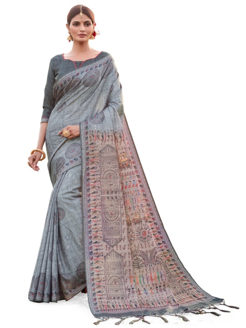

MotiHamir Grey & Pink Kalamkari Linen Saree