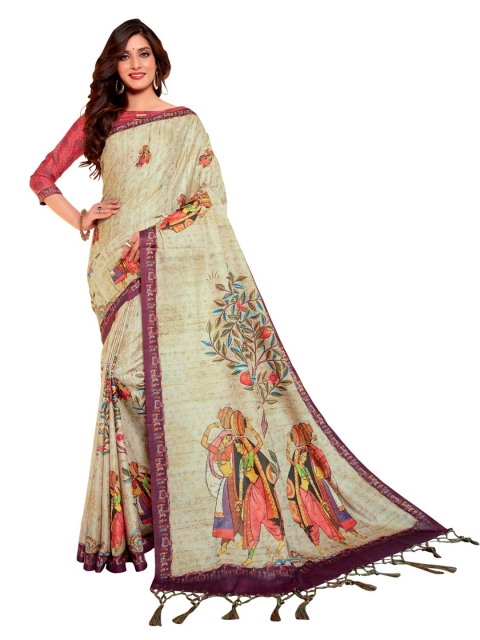 

MotiHamir Cream-Coloured & Blue Kalamkari Linen Saree