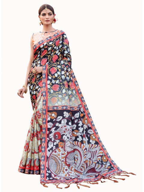 

MotiHamir Black & Red Kalamkari Linen Saree
