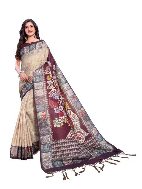 

MotiHamir Beige & Purple Kalamkari Linen Saree