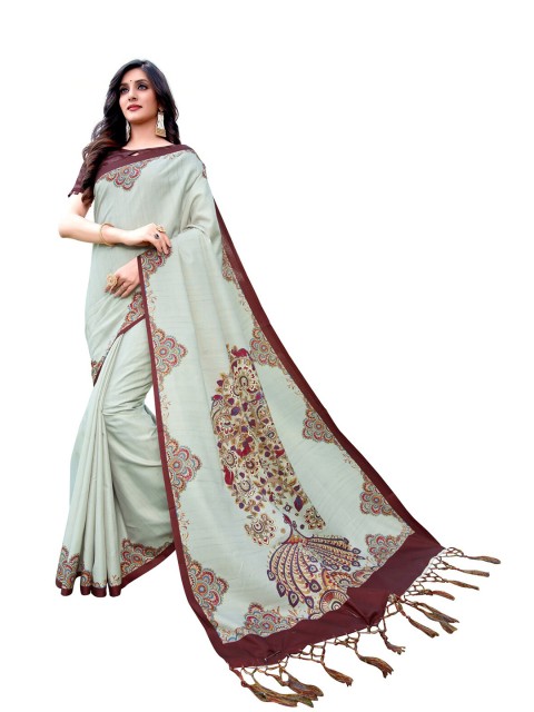

MotiHamir Green & Brown Ethnic Motifs Linen Saree