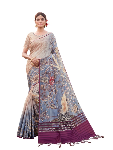 

MotiHamir Cream-Coloured & Violet Kalamkari Linen Saree