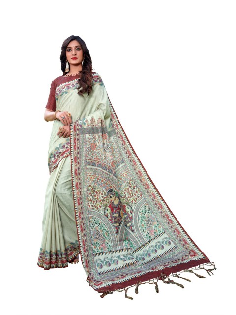 

MotiHamir Green & Pink Kalamkari Linen Blend Saree