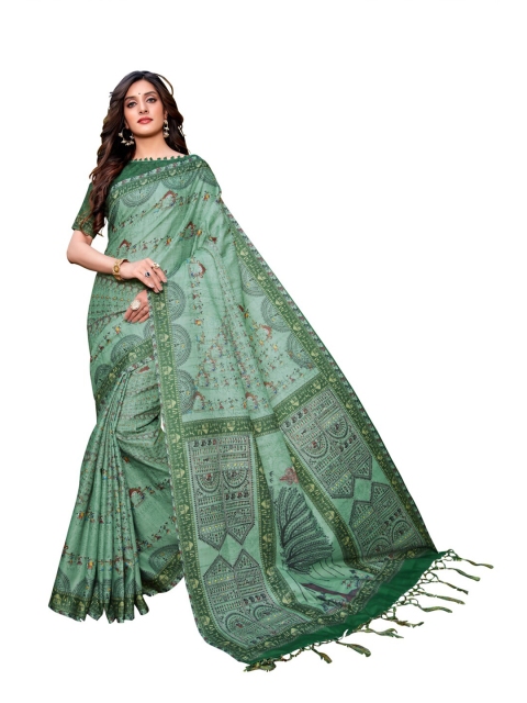 

MotiHamir Green & Pink Kalamkari Linen Blend Saree