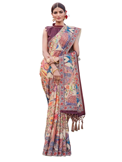 

MotiHamir Beige & Purple Ethnic Motifs Linen Blend Saree