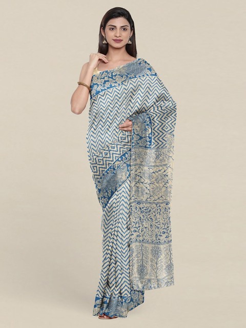 

Pothys Blue & Cream-Coloured Floral Pure Cotton Saree