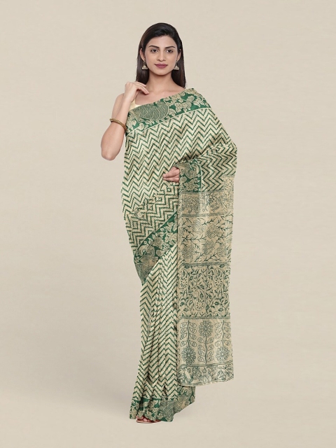 

Pothys Cream-Coloured & Green Printed Pure Cotton Saree