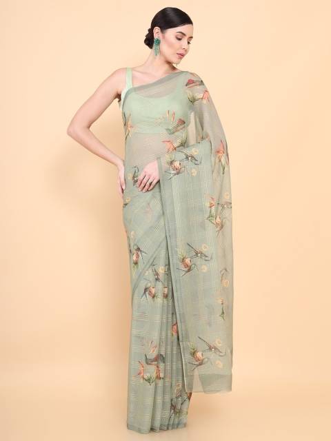 

Soch Green & Peach-Coloured Floral Printed Pure Chiffon Saree