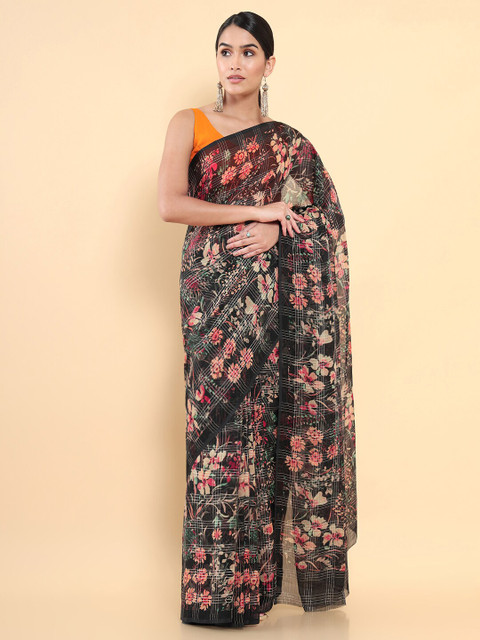 

Soch Black & Pink Floral Pure Chiffon Saree