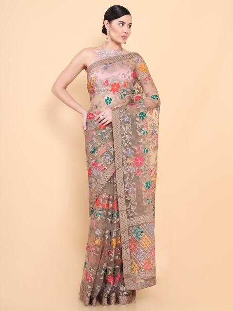 

Soch Beige & Pink Floral Printed Sheer Organza Saree