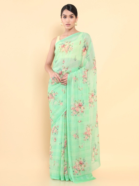 

Soch Green & Pink Floral Zari Pure Chiffon Saree
