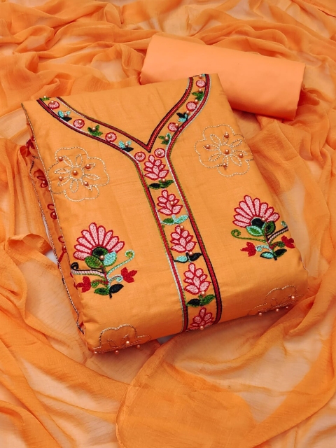 

Ethnic Junction Orange & Pink Embroidered Unstitched Dress Material