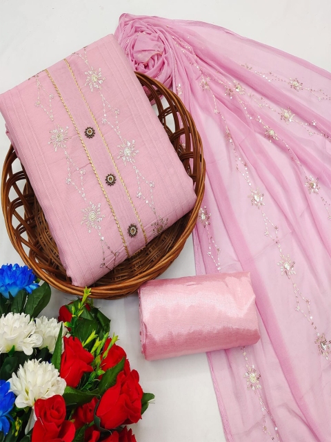 

Ethnic Junction Pink & Silver-Toned Embroidered Unstitched Dress Material
