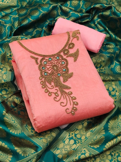 

Ethnic Junction Pink & Gold-Toned Embroidered Unstitched Dress Material