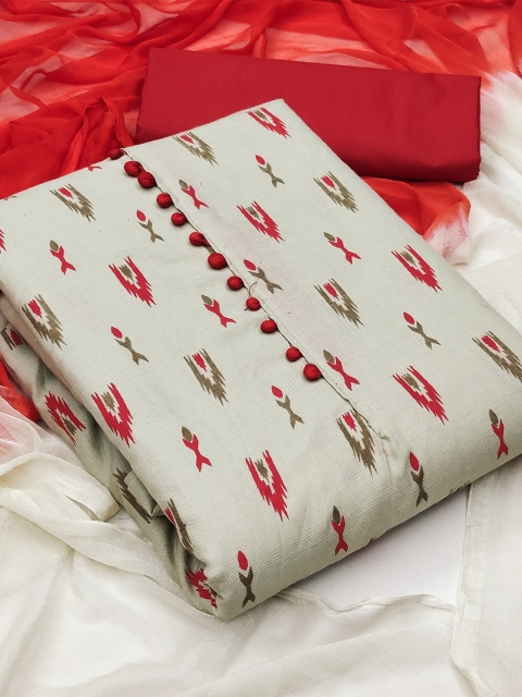 

Ethnic Junction Cream-Coloured & Red Printed Unstitched Dress Material
