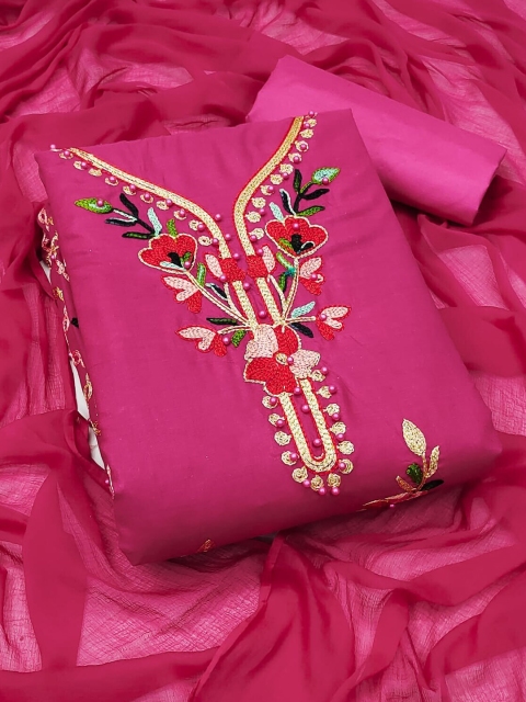 

Ethnic Junction Pink & Red Embroidered Unstitched Dress Material