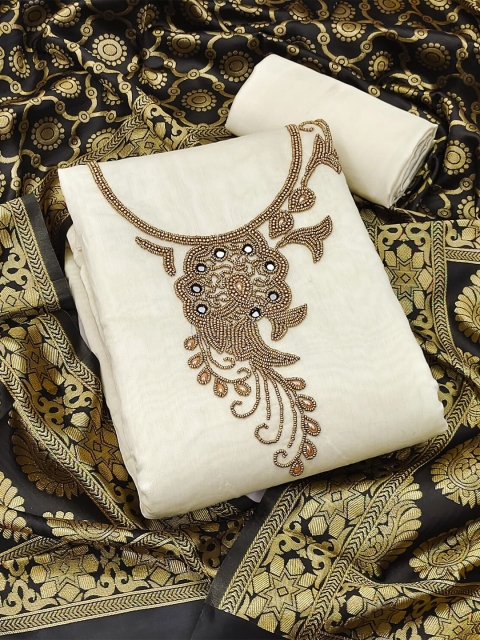

Ethnic Junction Off White & Gold-Toned Embroidered Unstitched Dress Material