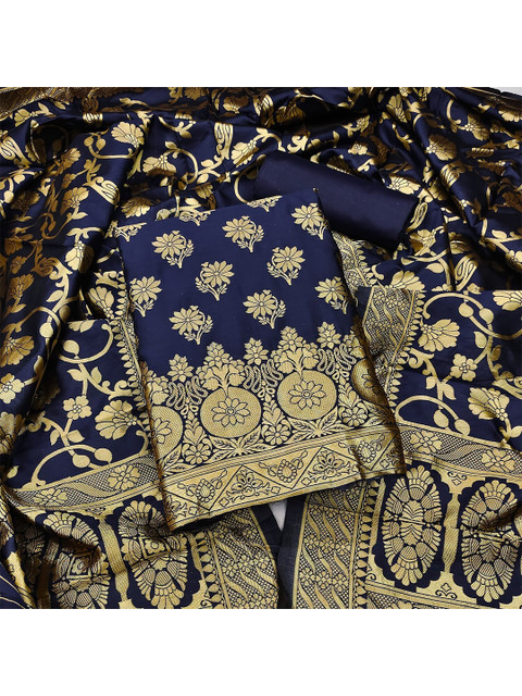 

Ethnic Junction Navy Blue & Gold-Toned Unstitched Dress Material