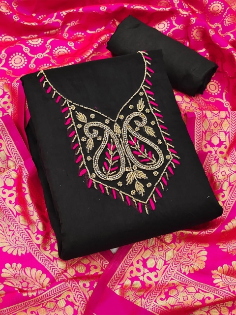 

Ethnic Junction Black & Pink Embroidered Unstitched Dress Material