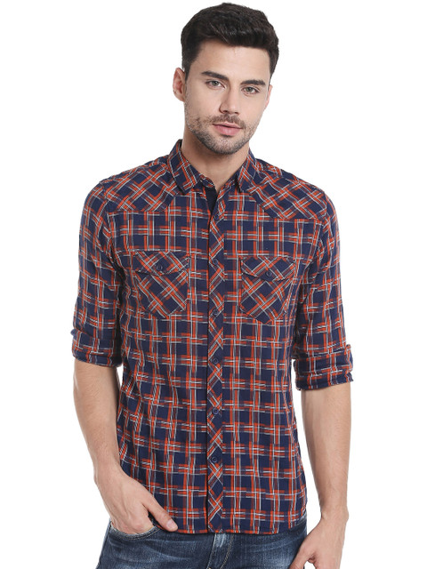 

SPYKAR Men Navy Slim Fit Checked Casual Shirt, Navy blue