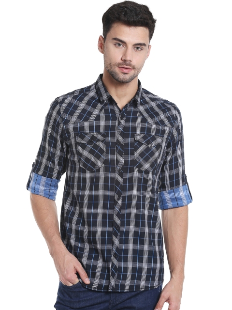 

SPYKAR Men Navy Slim Fit Checked Casual Shirt, Navy blue