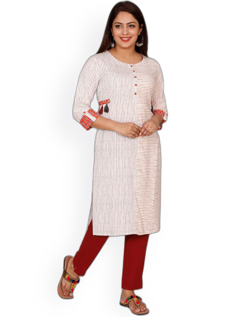 

SUTI Women White & Red Striped Viscose Rayon Kurta