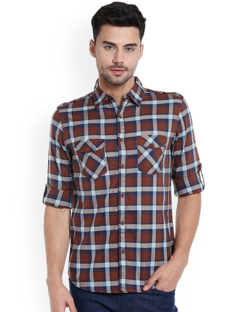 

SPYKAR Men Brown & Grey Slim Fit Checked Casual Shirt