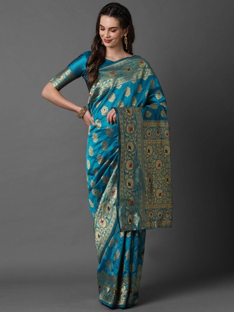 

Mitera Blue & Gold-Toned Floral Zari Silk Blend Banarasi Saree