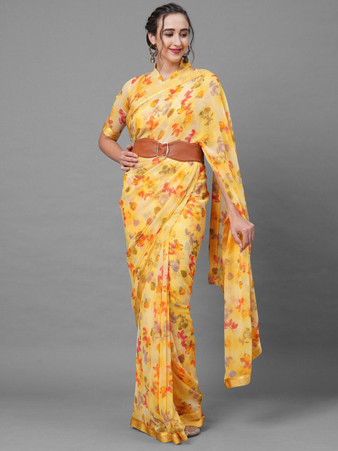 

Mitera Yellow & Red Floral Pure Georgette Saree