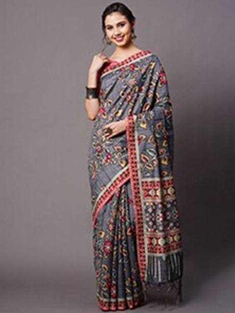 

Mitera Grey & Pink Floral Art Silk Saree