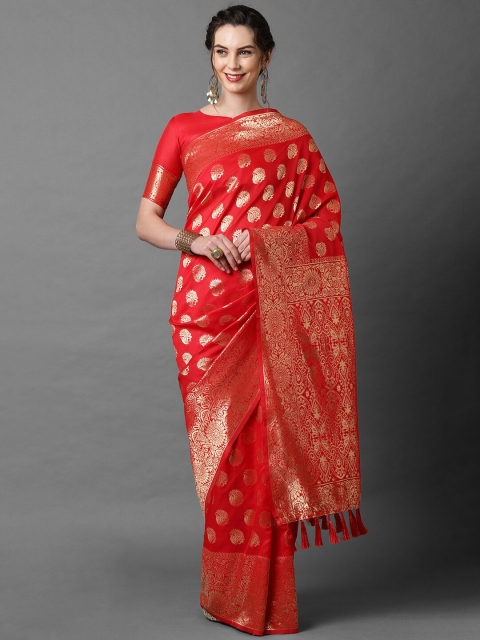 

Mitera Red & Gold-Toned Floral Zari Silk Blend Banarasi Saree