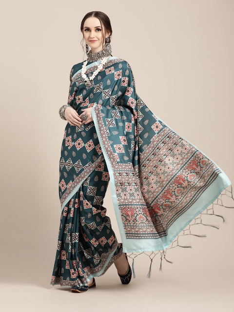 

Mitera Teal & Red Ethnic Motifs Satin Saree