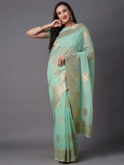 

Mitera Sea Green & Gold-Toned Floral Zari Silk Blend Banarasi Saree