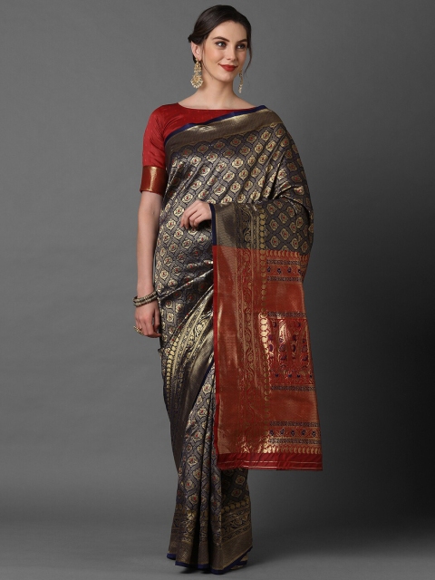 

Mitera Navy Blue & Red Ethnic Motifs Zari Silk Blend Banarasi Saree
