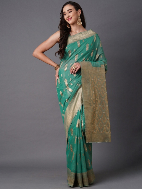 

Mitera Teal & Gold-Toned Ethnic Motifs Zari Silk Blend Banarasi Saree