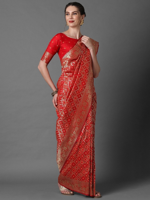 

Mitera Red & Silver-Toned Floral Zari Silk Blend Banarasi Saree