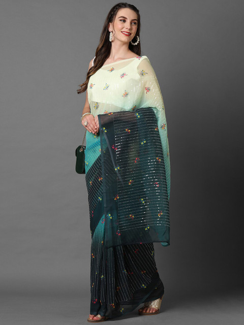 

Mitera Off White & Blue Floral Sequinned Pure Georgette Saree