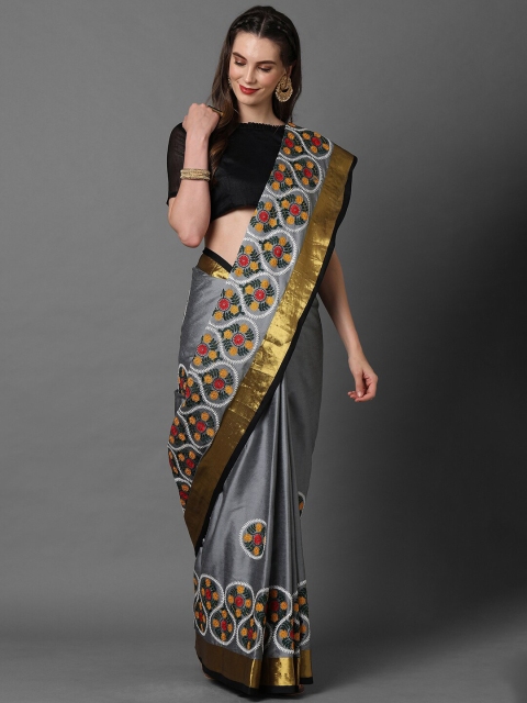 

Mitera Grey & Gold-Toned Floral Embroidered Satin Jamdani Saree