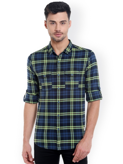 

SPYKAR Men Navy Slim Fit Checked Casual Shirt, Navy blue