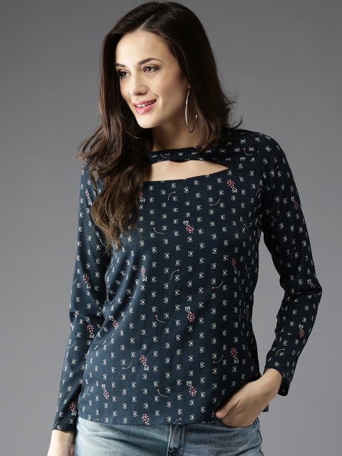 

HERE&NOW Women Navy & Off-White Printed Top, Navy blue