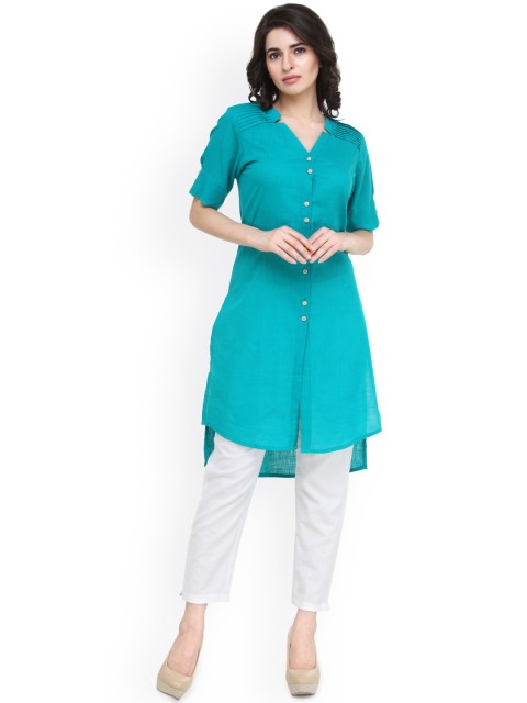 

Indibelle Women Turquoise Blue Solid Straight High-Low Kurta