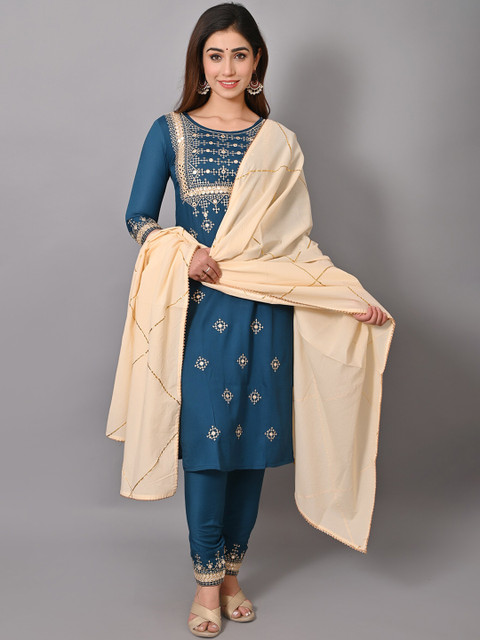 

VASTRAMANIAA Women Teal Ethnic Motifs Embroidered Gotta Patti Kurta with Trousers & With Dupatta