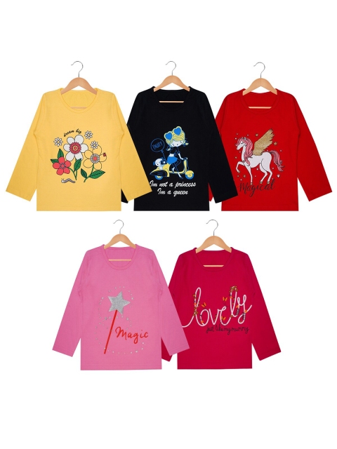 

FAZZA Girls Pack of 5 Printed T-shirt, Multi